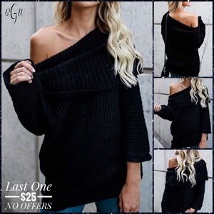 black oversized off the shoulder sweater